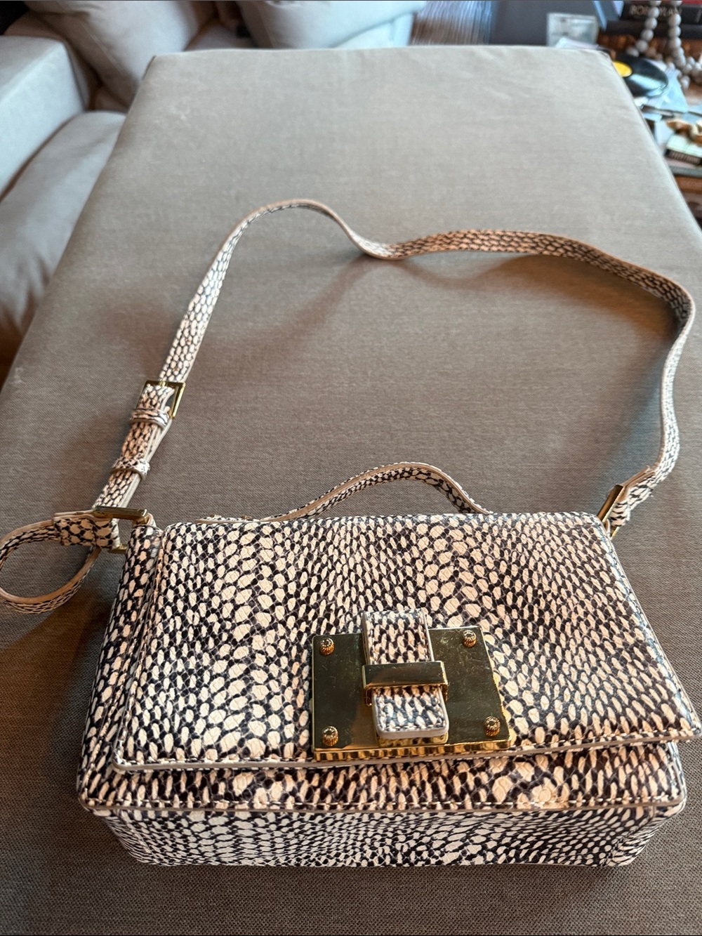 India Hicks Snake-Print Crossbody in Black and Cream with Gold Accent